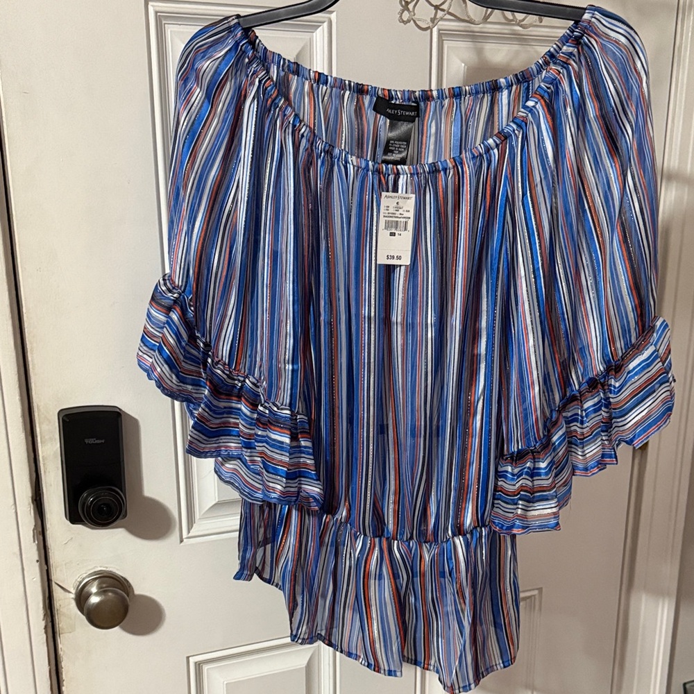Ashley Stewart Blue Multicolor Striped Blouse